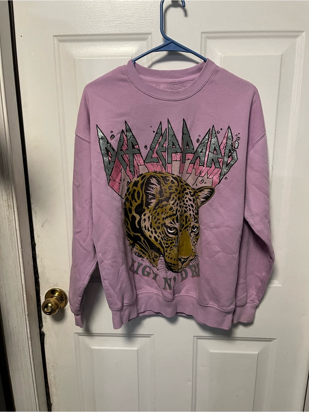 Lilac Def Leopard Graphic Crewneck Sweatshirt oversized fits like M
